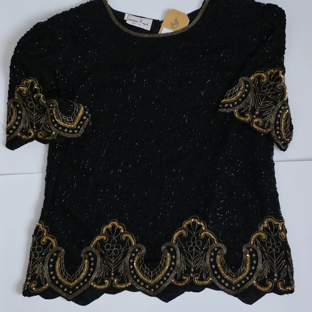 Vintage Laurence Kazar Black & Gold Silk Beaded Top